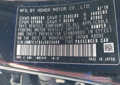2018 Honda Civic Touring from USA, damaged, VIN JHMFC1F94JX033409